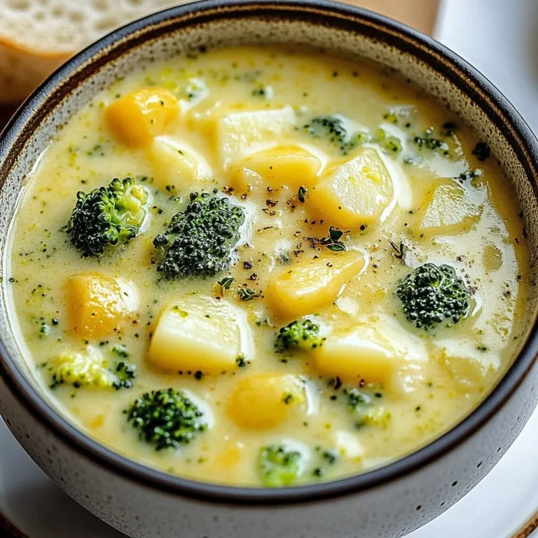 Bowl of creamy Broccoli Potato Cheese Soup garnished with fresh herbs