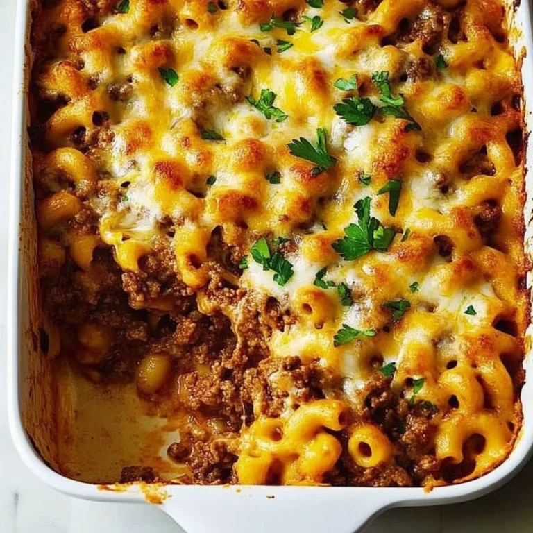 Cheesy beef pasta casserole topped with melted cheese and fresh herbs