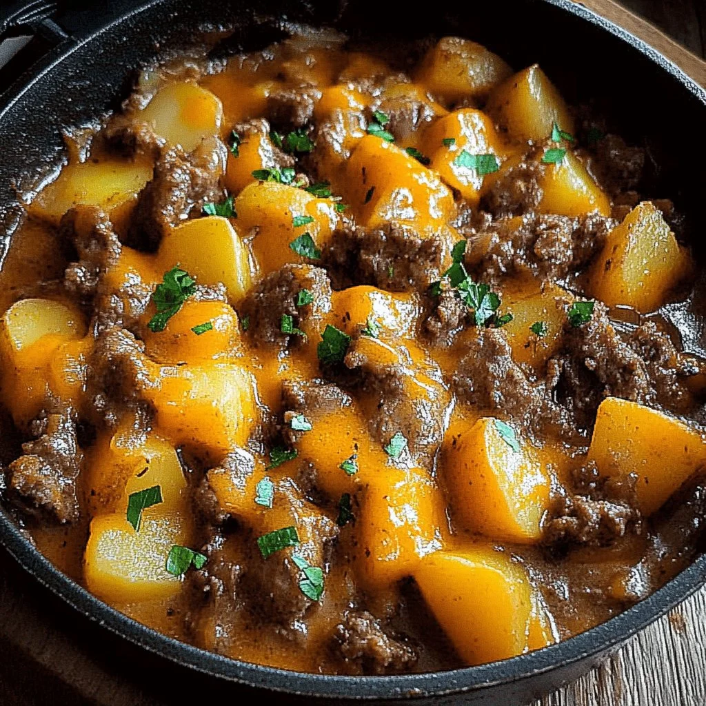 Cheesy one pot beef and potatoes dish served in a skillet