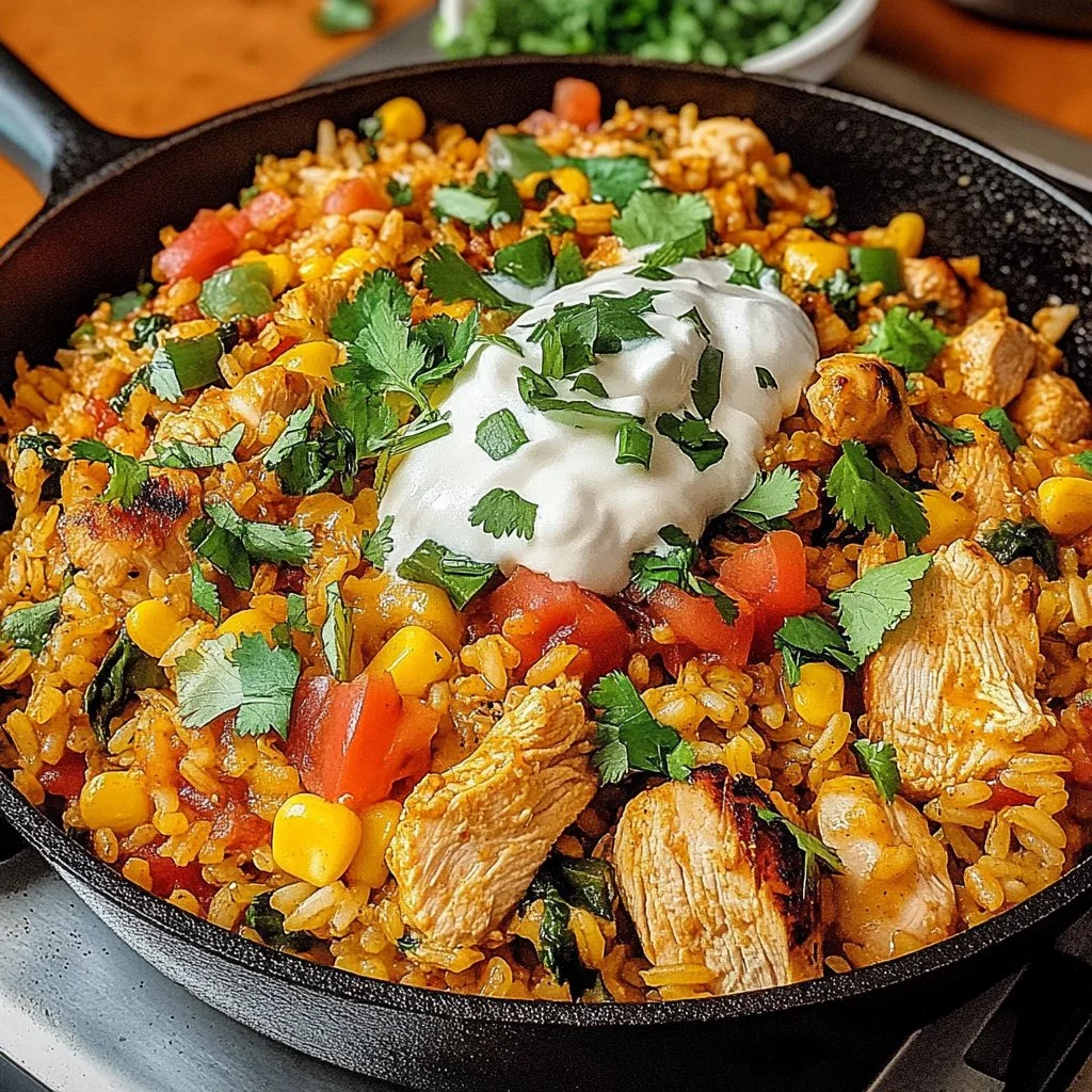 Chicken and Rice Taco Skillet served in a colorful dish with toppings