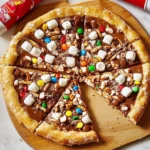 Delicious chocolate pizza topped with creamy chocolate and elegant toppings.