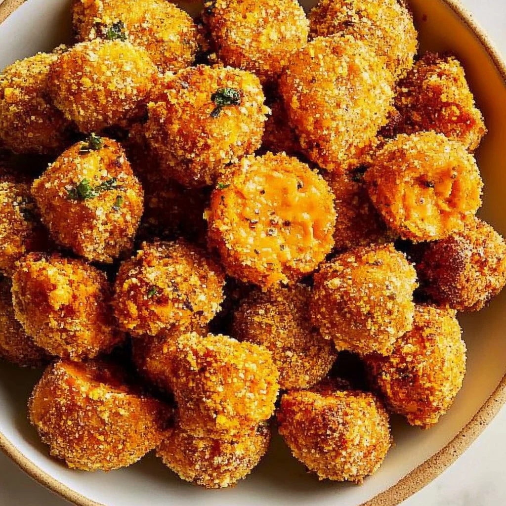 Crispy sweet potato bites served on a plate, garnished with herbs.