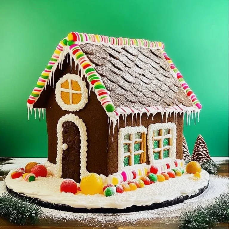 An easy gingerbread house decorated with icing and candy.