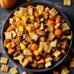 A colorful bowl of Halloween Chex Mix with festive candies and snacks.