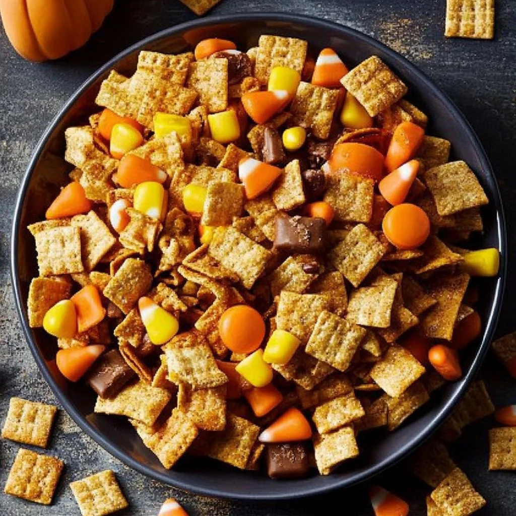 A colorful bowl of Halloween Chex Mix with festive candies and snacks.