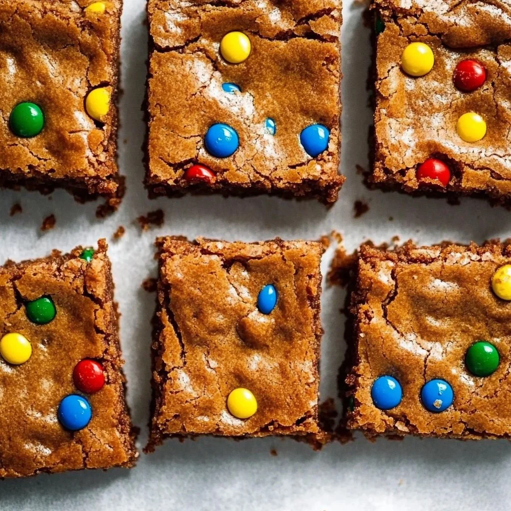 Freshly baked M and M Cookie Bars with colorful chocolate pieces