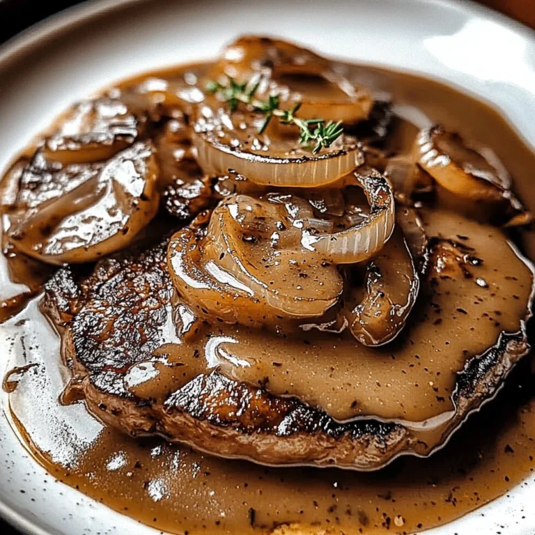 Onion gravy smothered steak plated with vegetables