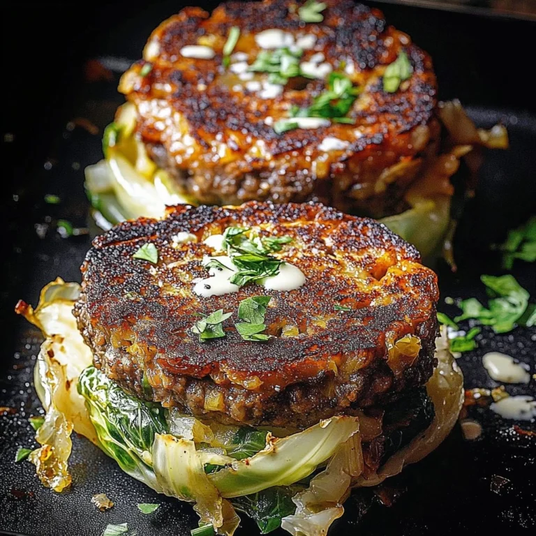 Delicious oven-baked cabbage burgers on a plate, garnished with fresh herbs.