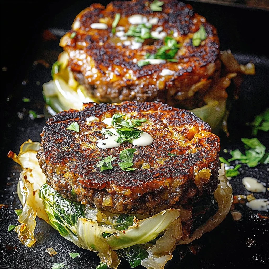 Delicious oven-baked cabbage burgers on a plate, garnished with fresh herbs.