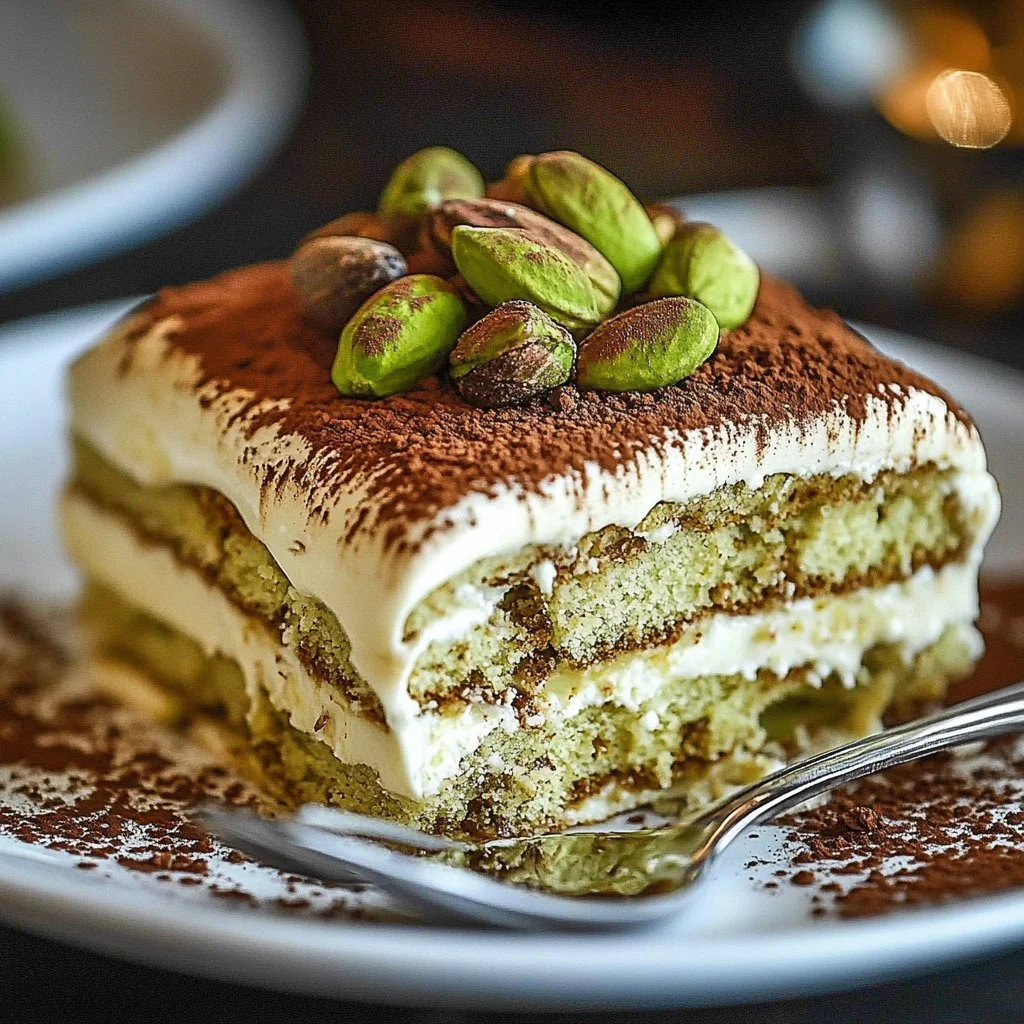 Delicious Pistachio Tiramisu dessert with layers of cream and pistachios