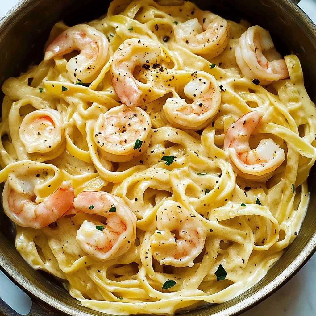 Delicious plate of Shrimp Fettuccine Alfredo with creamy sauce and garnished herbs