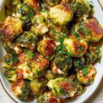 Delicious smashed Brussels sprouts garnished with herbs