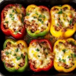 Colorful stuffed bell peppers filled with a savory mixture of rice and vegetables.