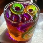 Colorful Witch’s Potion Punch in a spooky-themed glass for Halloween parties.