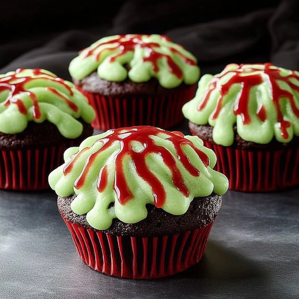 Zombie Brain Cupcakes decorated with edible brains and spooky frosting