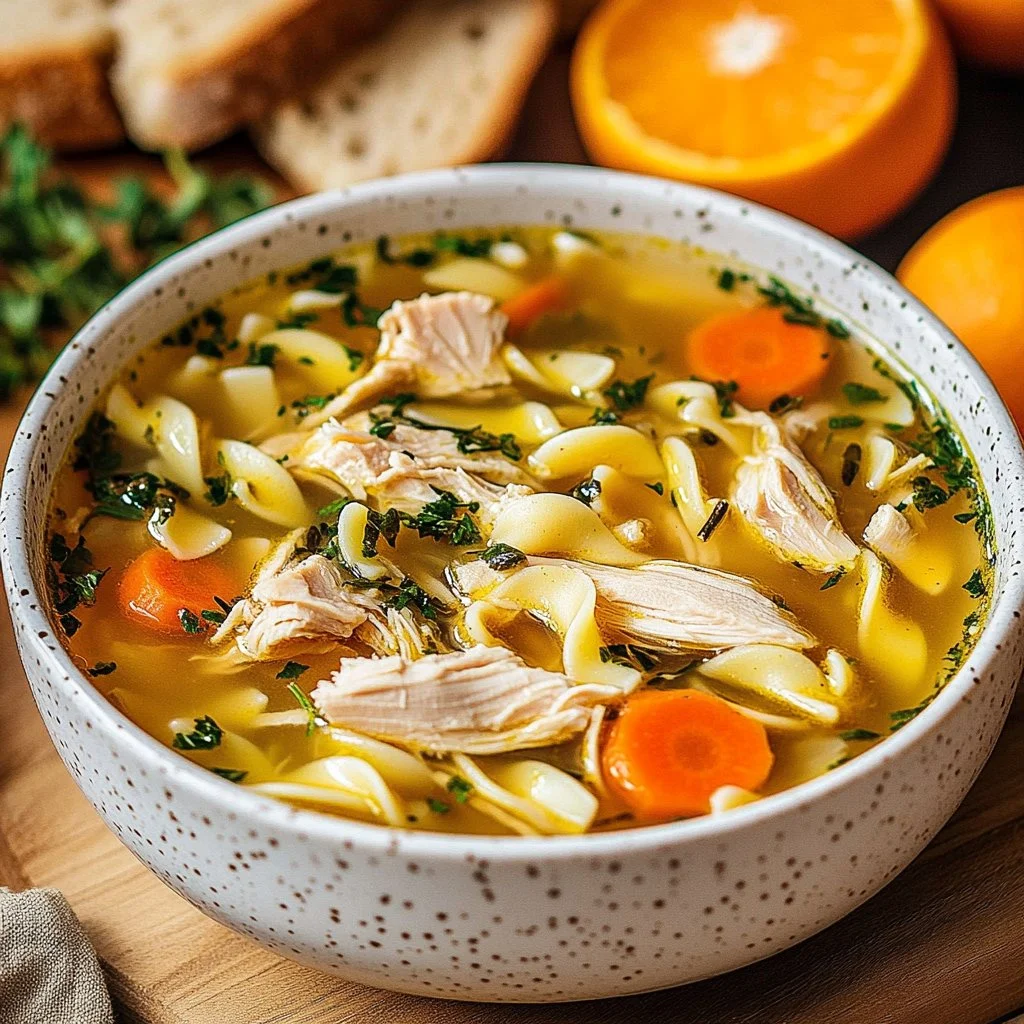 A bowl of 30-minute chicken noodle soup with fresh herbs and vegetables