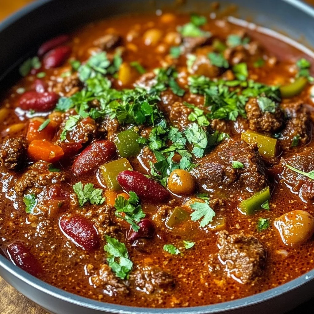Bowl of award-winning short rib and chorizo chili garnished with herbs