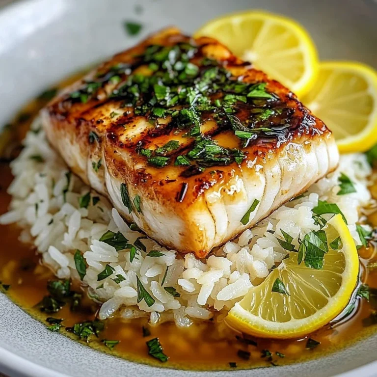 Baked Honey Marinated Cod with a golden glaze, garnished with fresh herbs.