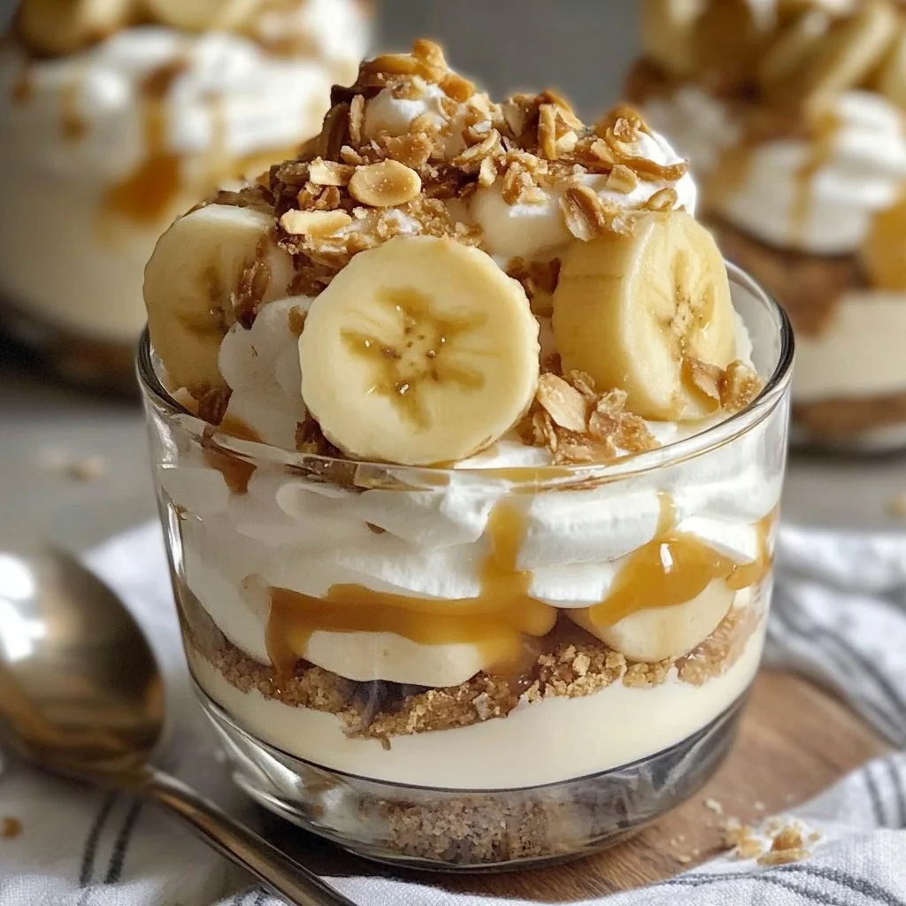 Delicious Banana Caramel Cream Dessert served in a bowl with a sprinkle of nuts.
