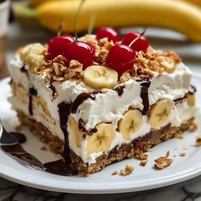 Delicious Banana Split Dump Cake topped with whipped cream and cherry