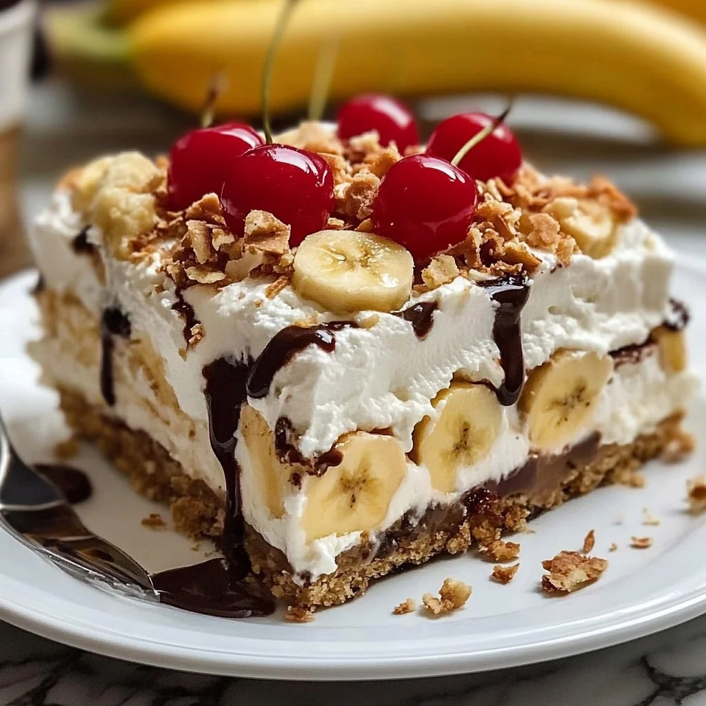 Delicious Banana Split Dump Cake topped with whipped cream and cherry