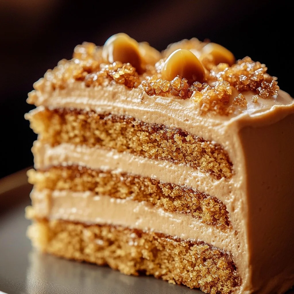 Delicious Biscoff Cookie Butter Cake topped with creamy frosting and crushed cookies.