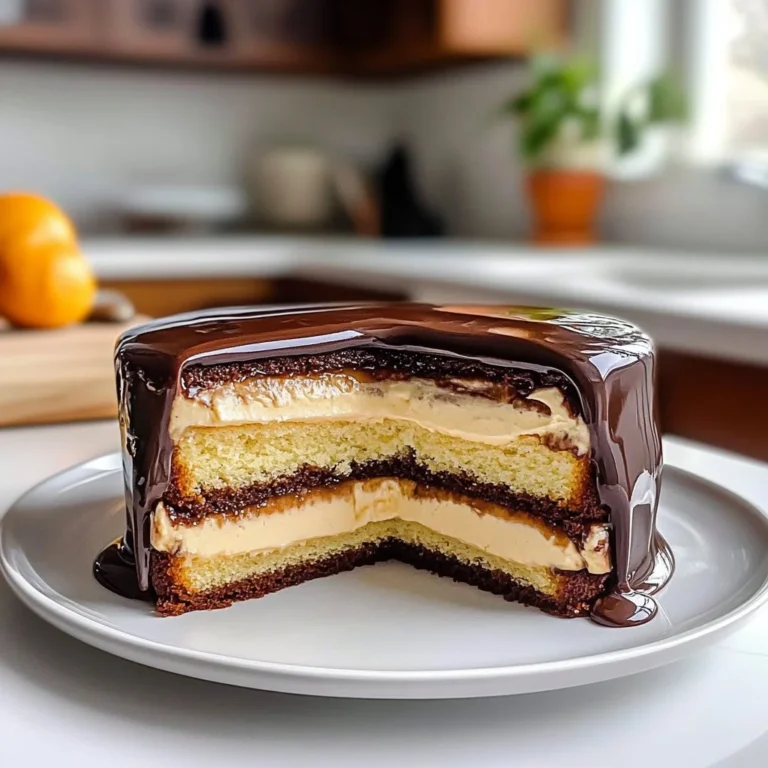 Delicious slice of Boston Cream Pie topped with chocolate and cream