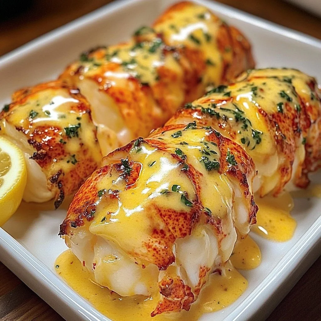 Delicious butter poached lobster tails served with lemon and herbs
