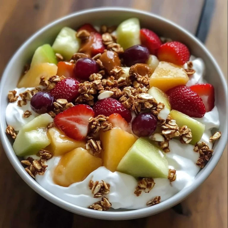 Delicious Caramel Crunch Cheesecake Fruit Salad served in a bowl