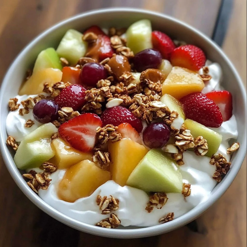 Delicious Caramel Crunch Cheesecake Fruit Salad served in a bowl