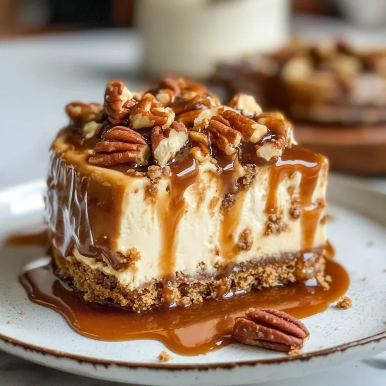 Delicious caramel pecan cheesecake topped with cookie crumble on a white plate