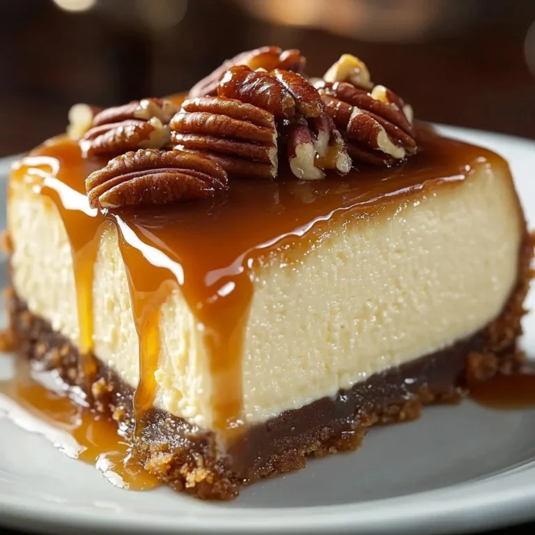 Delicious caramel pecan pie cheesecake topped with caramel sauce and pecans
