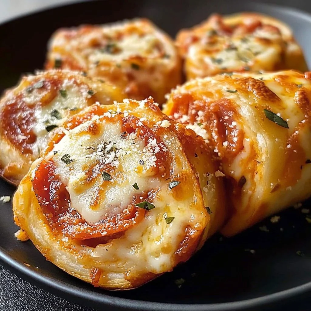 Plate of cheesy pepperoni roll-ups served with dipping sauce