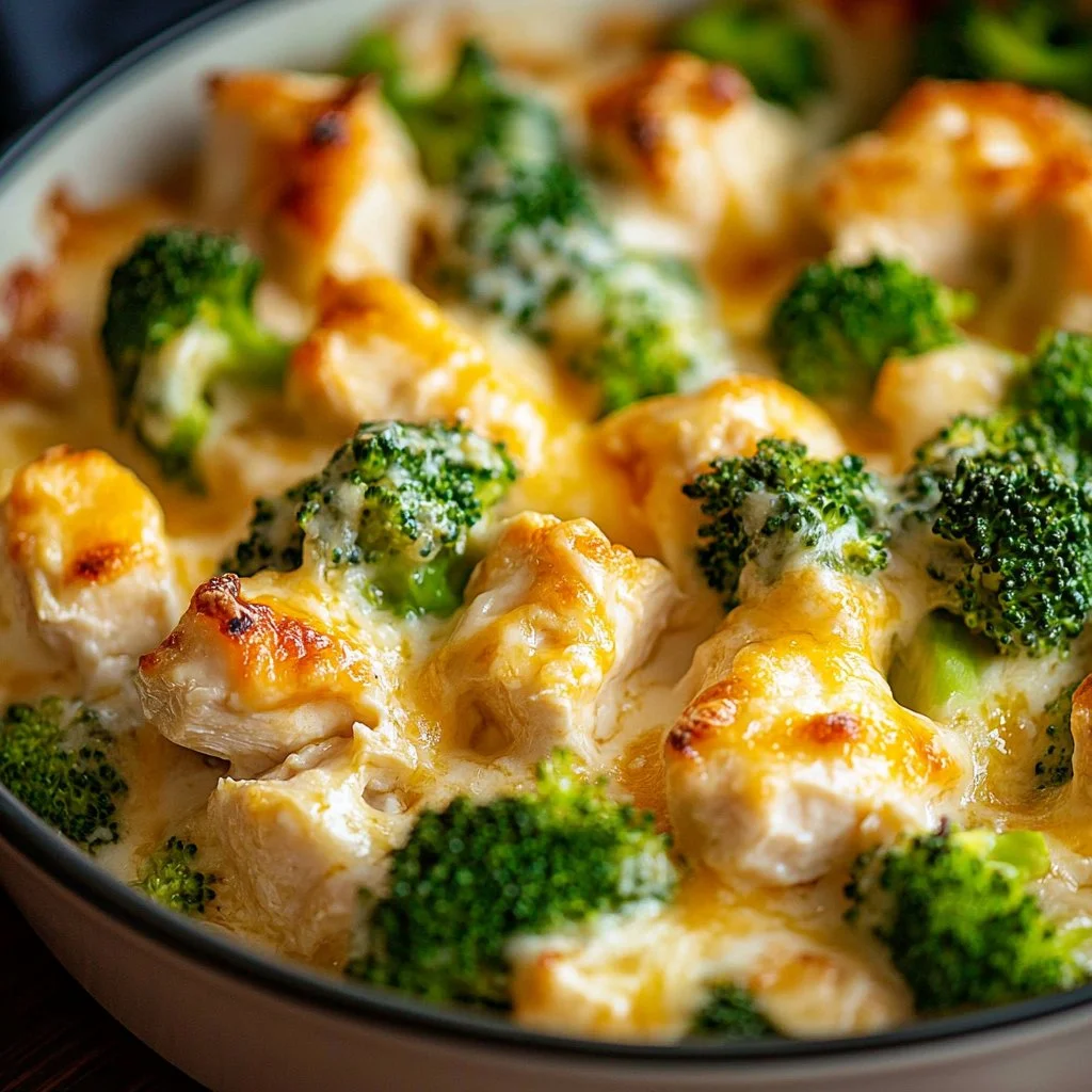 Creamy Chicken Broccoli Casserole topped with cheese and baked to perfection