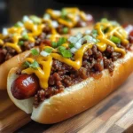 Delicious chili cheese dogs topped with melted cheese and savory chili