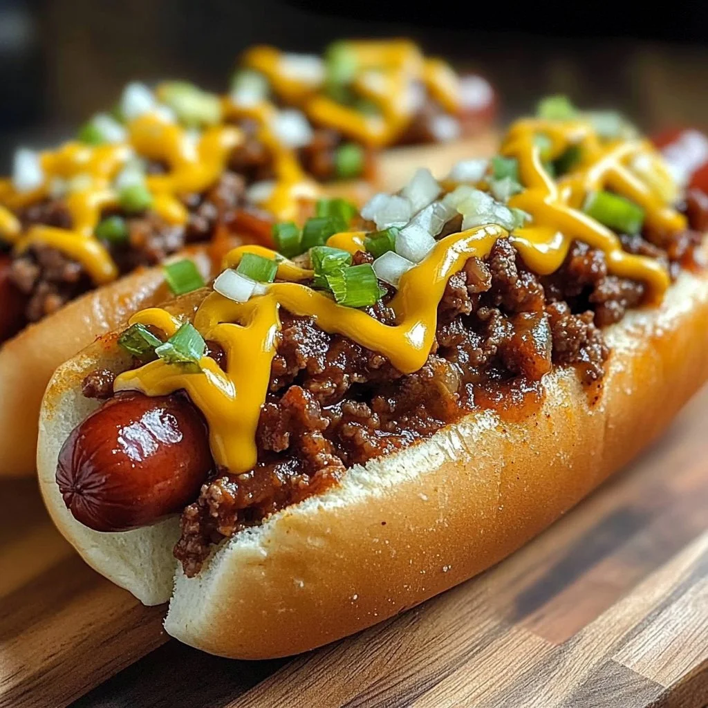 Delicious chili cheese dogs topped with melted cheese and savory chili
