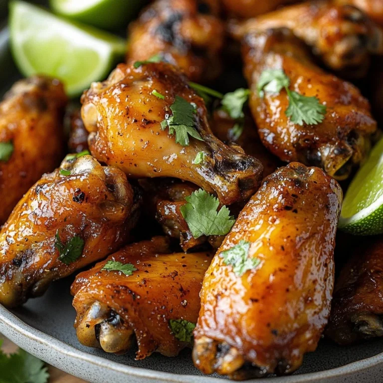 Plate of spicy Chili Lime Chicken Wings garnished with lime wedges and cilantro.