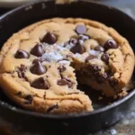 Delicious chocolate chip skillet cookie topped with ice cream in a cast-iron skillet.