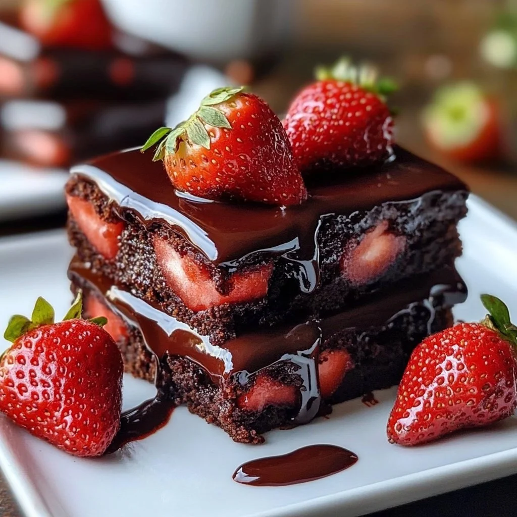 Delicious chocolate covered strawberry brownies on a white plate