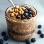 Bowl of Chocolate Peanut Butter Overnight Oats topped with bananas and chocolate chips