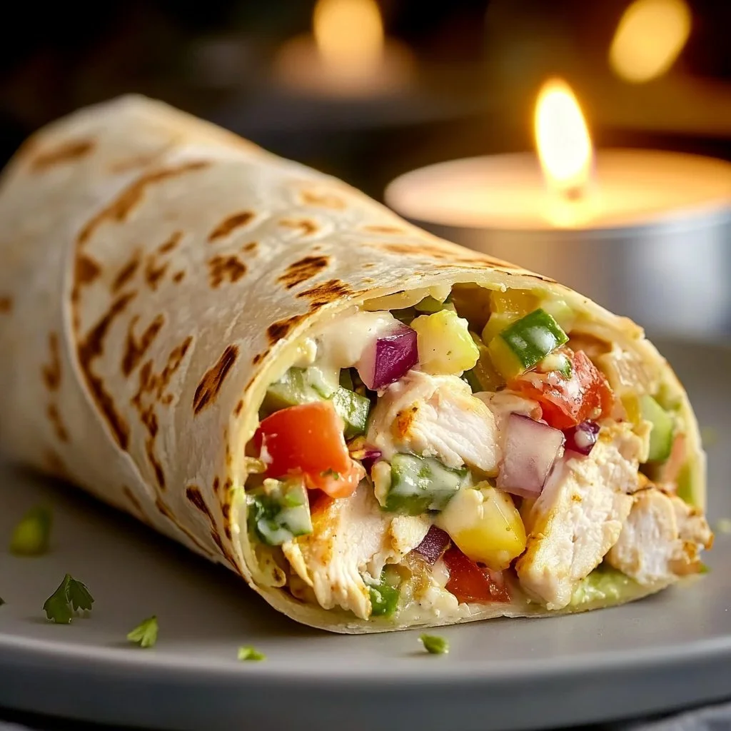 Chopped Greek Chicken Wrap with fresh vegetables and savory dressing