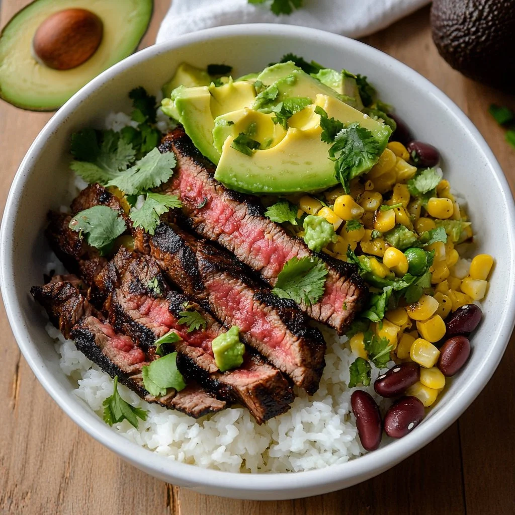 Cilantro Lime Steak and Rice Bowls garnished with fresh cilantro and lime slice