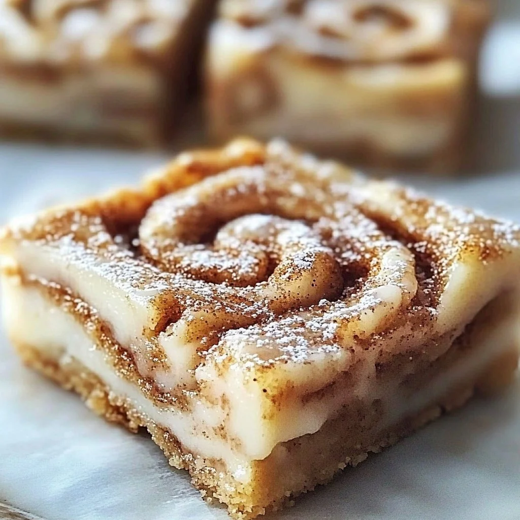 Delicious Cinnamon Roll Bliss Bars topped with icing and cinnamon