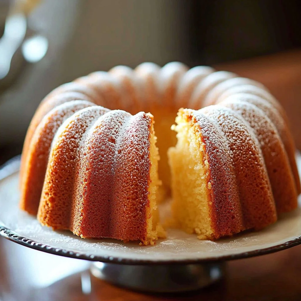 Slice of Classic Southern Pound Cake on a plate with a fork