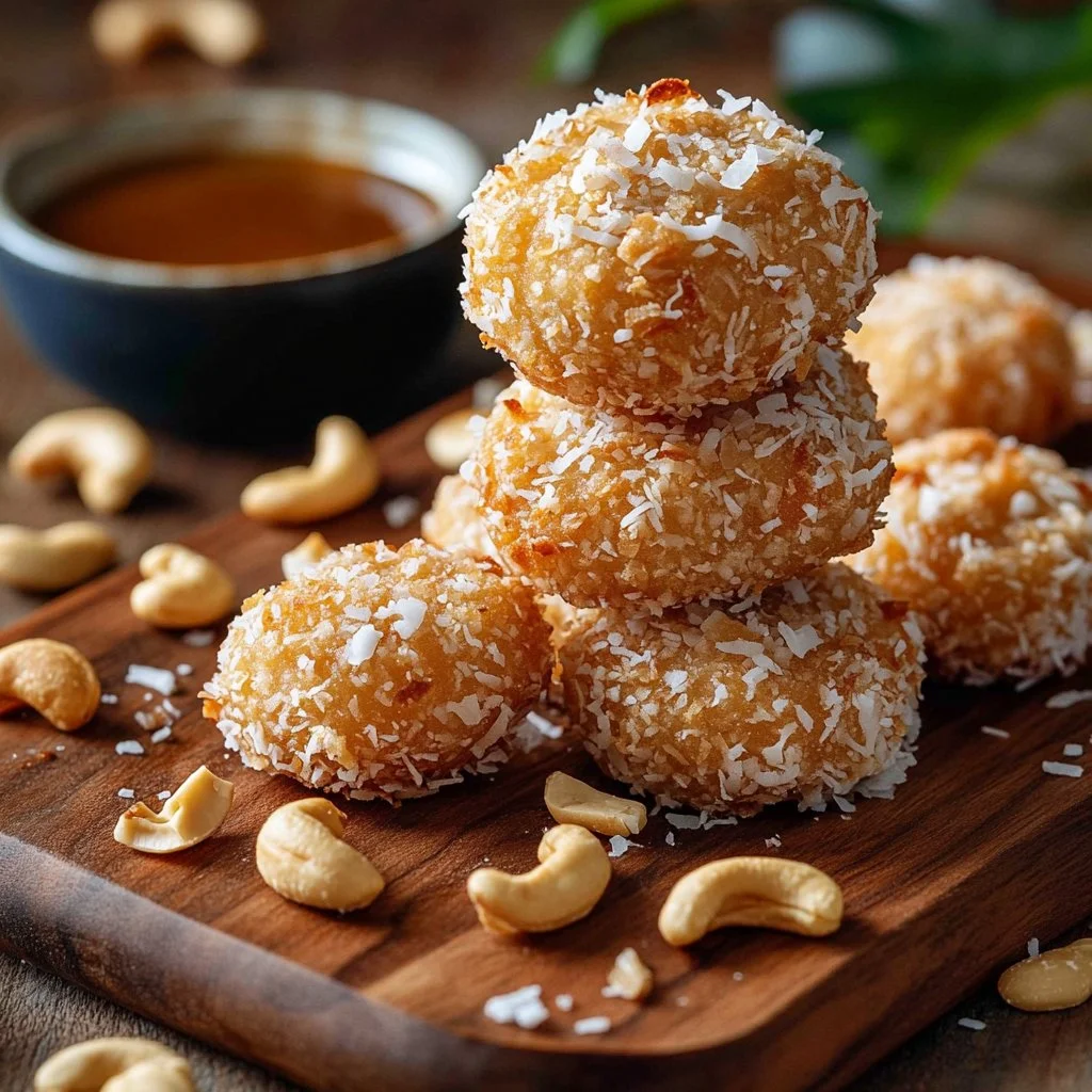 Coconut Cashew Pineapple Bites arranged on a wooden platter, showcasing tropical flavors.