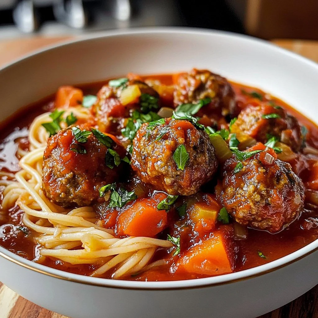 Bowl of comforting meatball soup garnished with herbs.