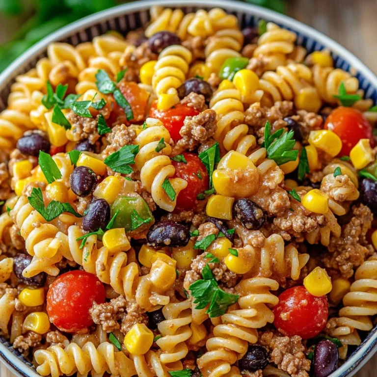 Delicious cowboy pasta salad with fresh vegetables and zesty dressing