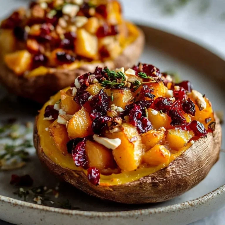 Cranberry apple twice-baked sweet potatoes topped with festive toppings