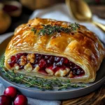 Cranberry Pecan Brie wrapped in golden puff pastry, served as a festive appetizer.