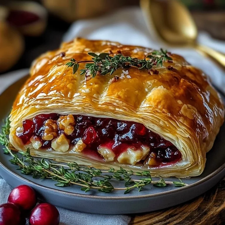 Cranberry Pecan Brie wrapped in golden puff pastry, served as a festive appetizer.